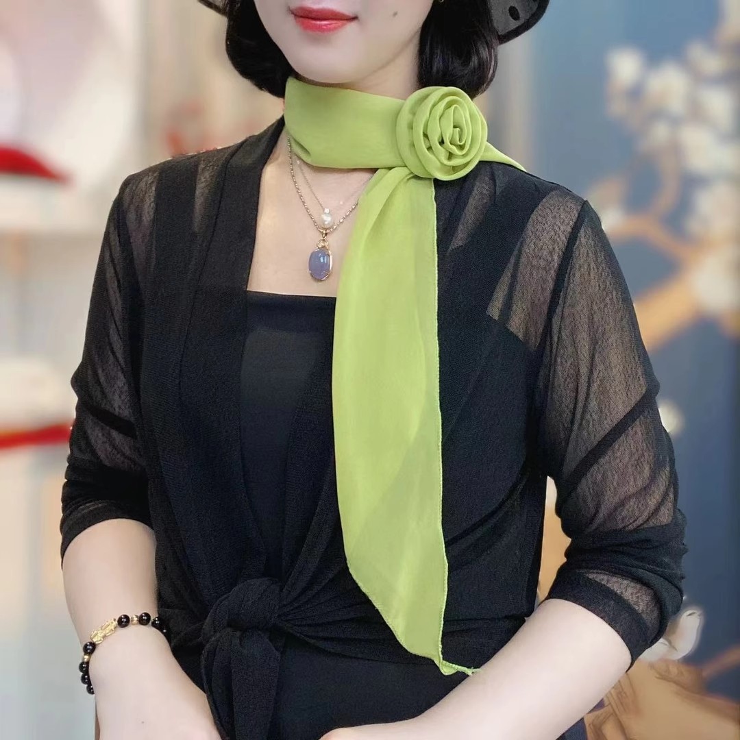 Elegant Solid Colour Rose Flower Silk Scarf For Women Versatile_voghion.com
