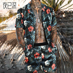 Men’s casual print loose shirt beach suit