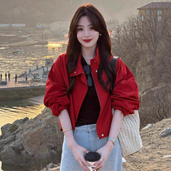 红色夹克外套女2025秋小个子高级感减龄洋气独特漂亮超好看棒球服