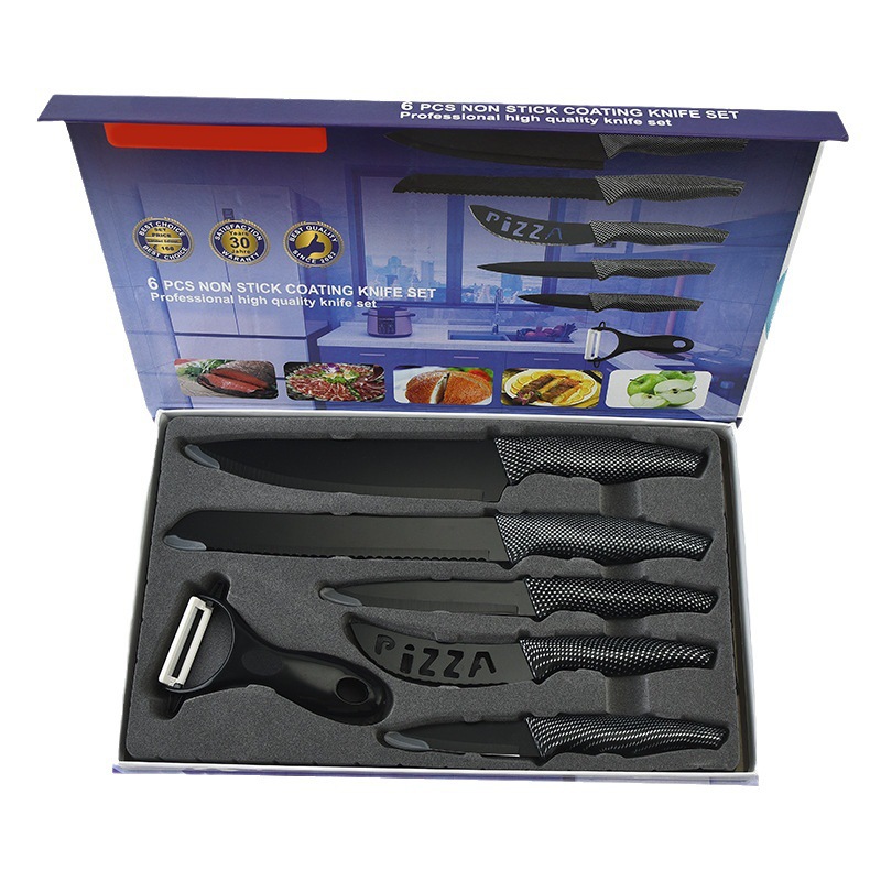 En stock al por mayor nuevo mango de cola de Milano de acero inoxidable caja de regalo de seis piezas de color cuchillo de cocina conjunto de cuchillos domésticos traje