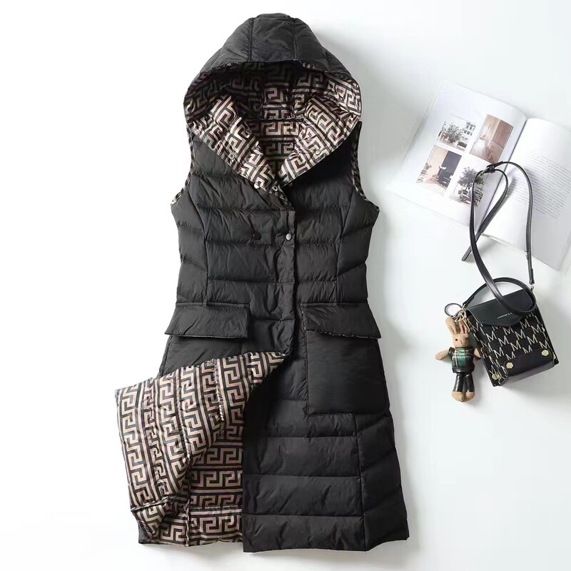 Women's Hooded Double-sided Lightweight Down Vest Mid-length Lined plus size Over-knee plus size Double-sided Winter Wear
