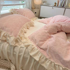 雕花珊瑚绒四件套保暖少女心牛奶床上用品法兰绒秋冬花朵绒加厚粉