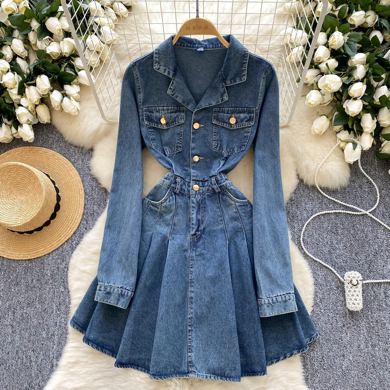 Foreign Trade Style Denim dress Women's Winter Lapel Waist Retro Old Fried Street Design Chic Medium-length Dress 0329