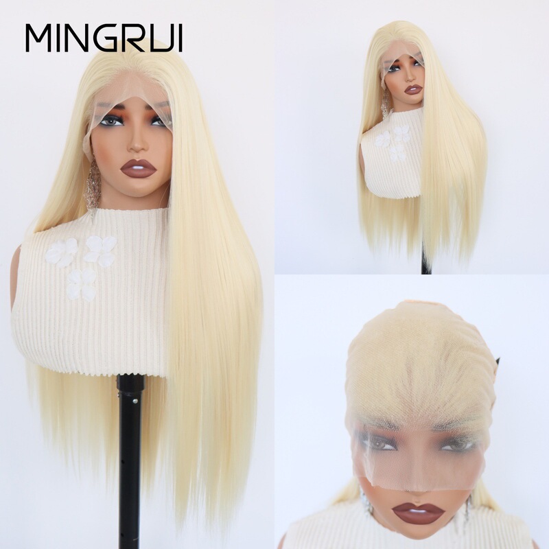 Full lace hand-woven wig, breathable lace wigs, light blonde synthetic fiber long straight hair wig