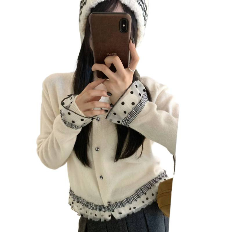 韩版甜美减龄气质波点蕾丝拼接针织开衫休闲百搭修身显瘦舒适毛衣|undefined