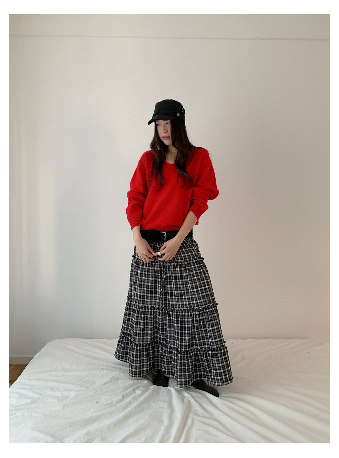 GraceChic GraceChic GraceChic Inbyin Gonna midi a quadri arricciati in stile coreano per donna, lunga vita elastica, che copre i fianchi, snellente_voghion.com