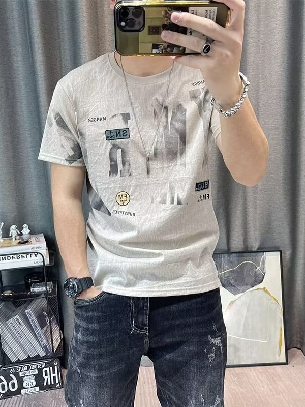 Men Printed Ice Silk T-Shirt Pure White Summer Casual
