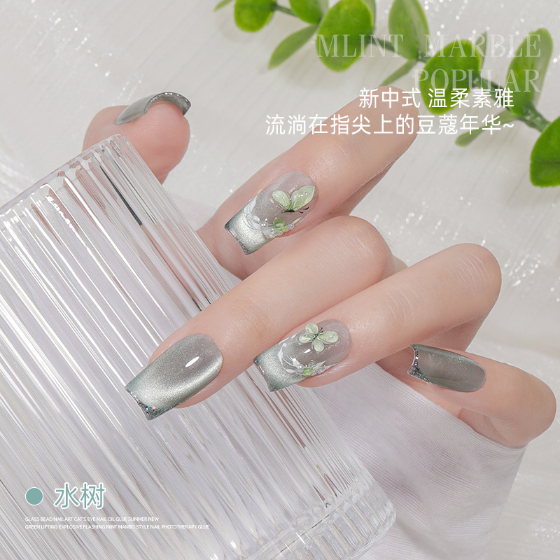 Perlas de vidrio esmalte de uñas de ojo de gato verano 2025 nuevo azul brillante brillo de menta mancha esmalte de uñas fototerapia