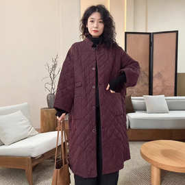 复古做旧夹棉中长款外套女冬新款天丝苎麻宽松长袖保暖棉衣棉服
