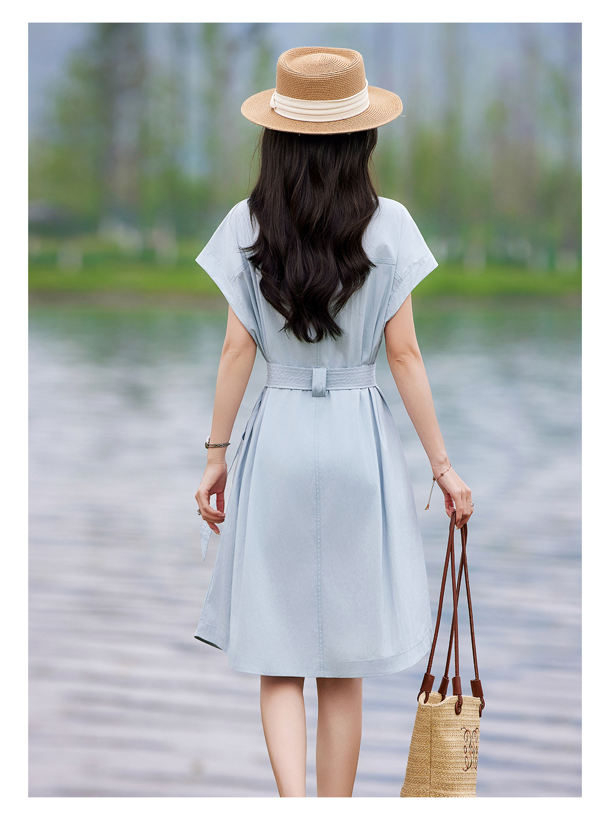 Đầm polo nữ cổ bẻ thắt eo dáng suông midi mùa hè — màu xanh nhạt, màu trắng ngà chi tiết 18