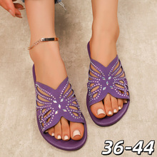 跨境圆头拖鞋2025夏季新款外贸欧美平底镂空蝴蝶水钻一字凉拖鞋女