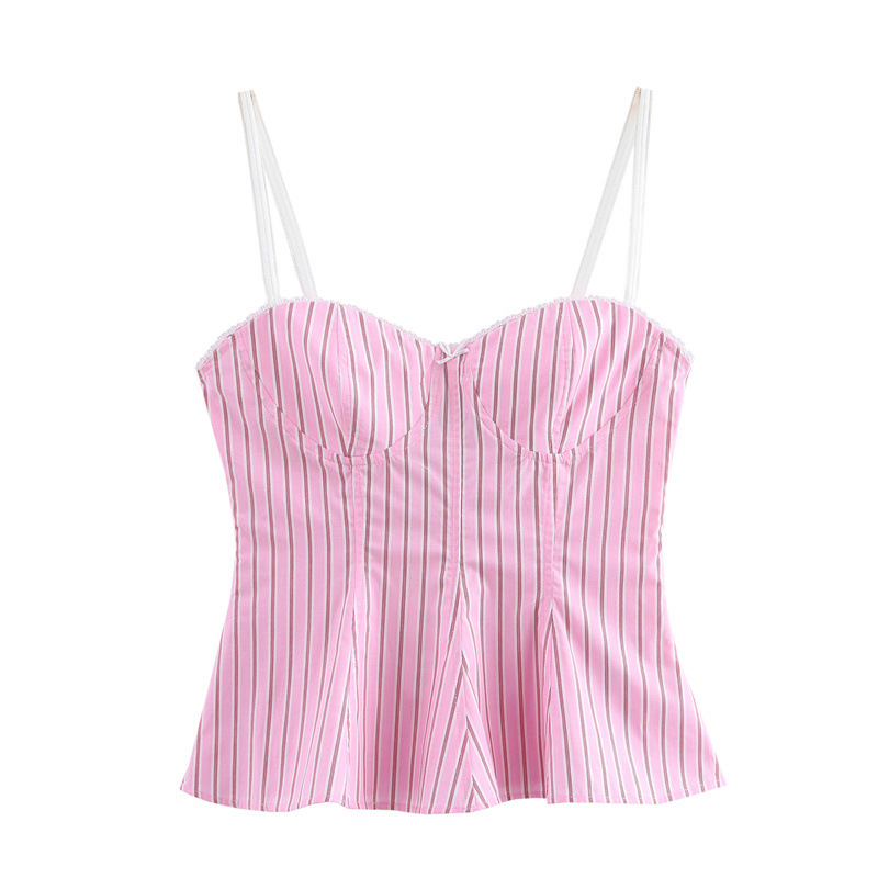 Completo da donna primavera estate alla moda con camicia, gilet e pantaloni a righe, stile europeo/americano, con colletto e maniche lunghe._voghion.com