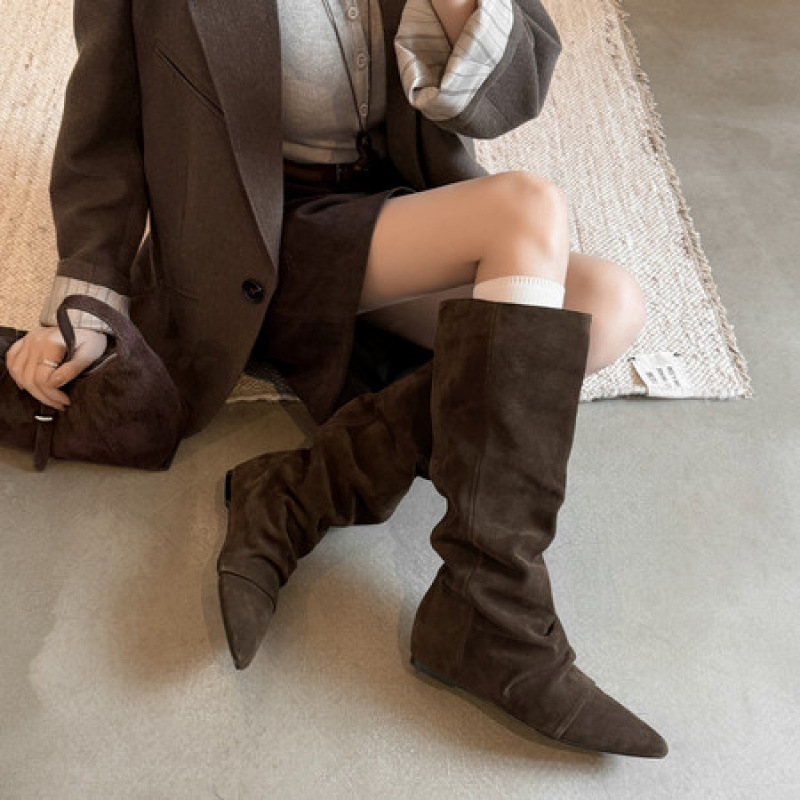 3.5cm Genuine Leather Pointed-Toe Knee-High Boots 2025 Autumn and Winter New High-Top Western Boots Fashionable Slimming Long Boots Stacked Boots