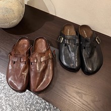 牛皮版水洗牛皮复古包头半拖鞋复古百搭休闲厚底勃肯鞋包头一字拖