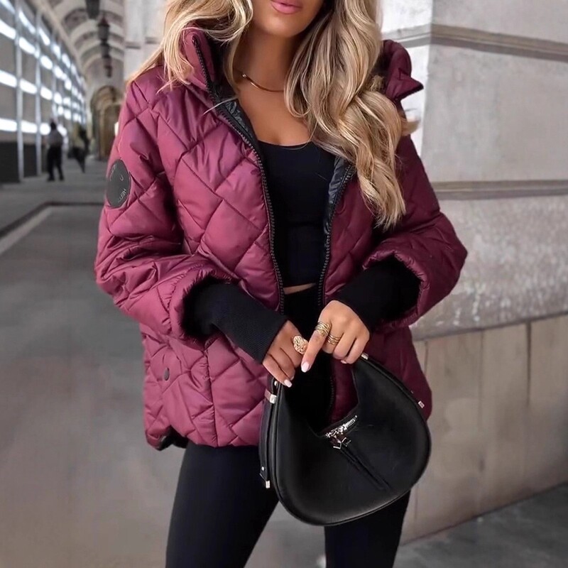 Amazon cross-border autumn/winter new fashion trendy diamond-patterned loose-fit hooded cotton coat, warm outerwear 952