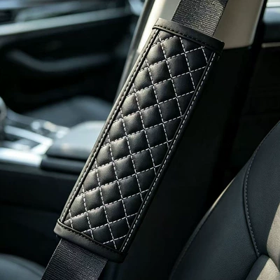 Shoulder Protector Leather Color-Blocked | Seat belt shoulder pad - black-leather-and-white-thread-diamond-quilted-shoulder-pads-23715cm