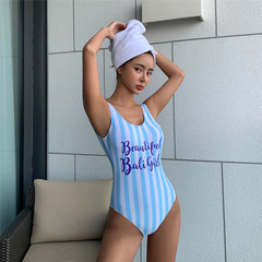 Korean style conservative summer swimsuit for women, small breast one-piece, belly-covering, slimming, backless, sleeveless, striped beach vacation swimsuit
