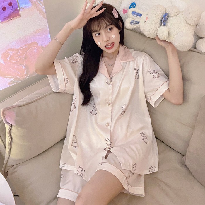 Pajamas Export Cross-Border Korean Style Stripesd Ice Silk Pajamas Women's Short-Sleeved Thin High-End Silk Suit