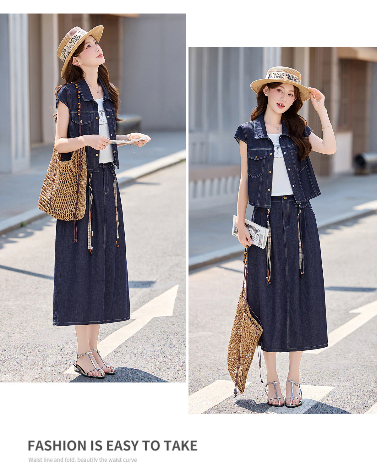 Bộ váy denim ba mảnh gồm áo khoác vest không tay, áo hai dây và chân váy midi — Màu ảnh chi tiết 16