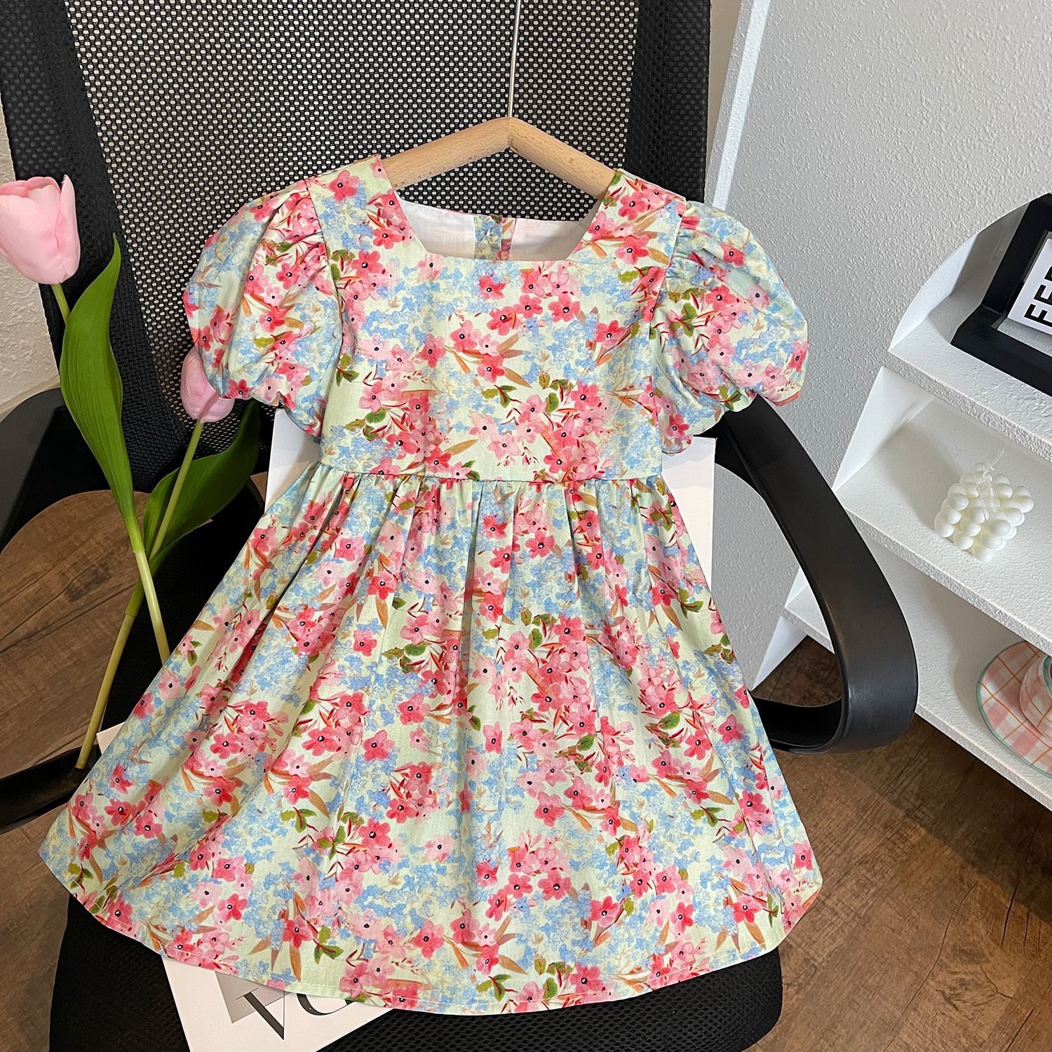 2023 Summer New for Girls Korean Edition Butterfly Bow Bubble Sleeve Floral Dress 23259_voghion.com