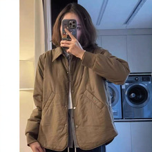 爆款短款简约翻领棉衣外套女秋冬新宽松显瘦百搭暗扣轻薄棉服上衣