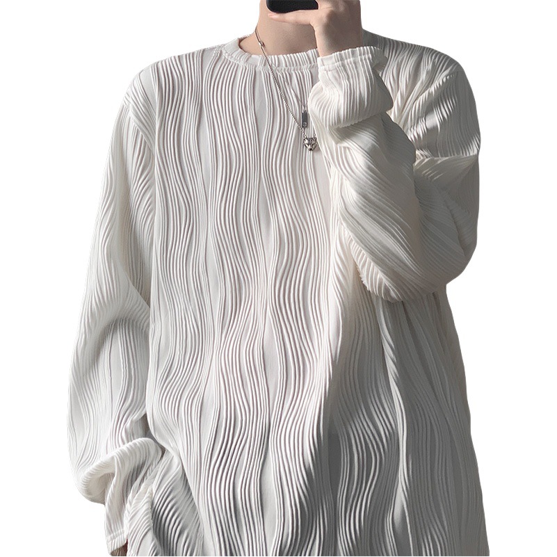 Textura tridimensional de cuello redondo de manga larga Camiseta de los hombres de primavera y otoño nueva moda ins ropa superior elegante estilo perezoso camisa de fondo