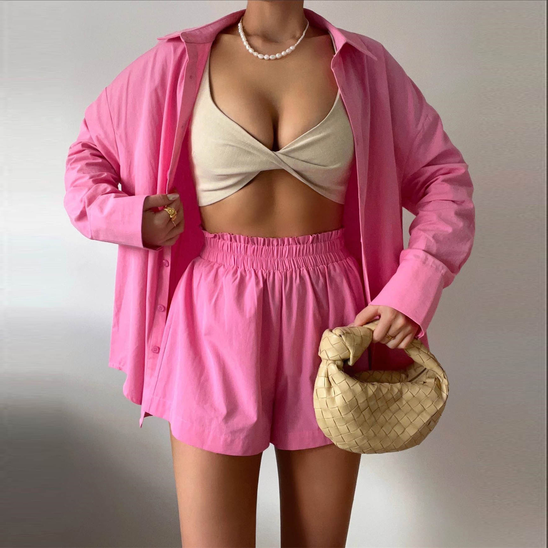 Women's fashion suit casual color matching single-breasted shirt elastic shorts two-piece set_voghion.com