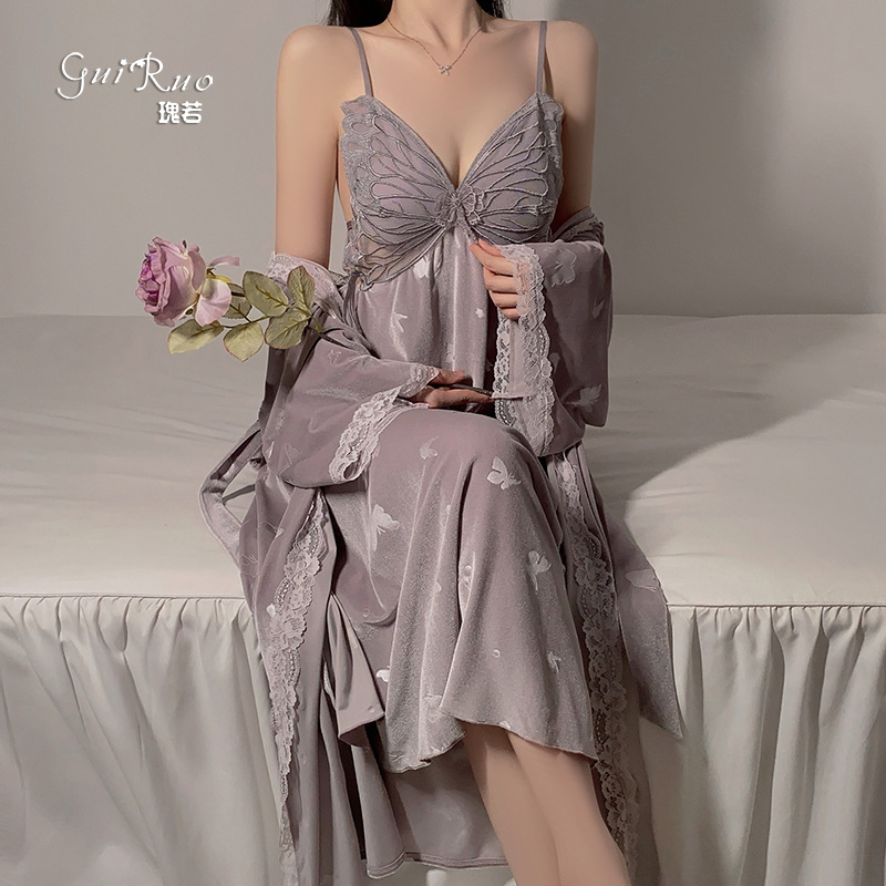 가을과 겨울 벨벳 게으른 바람 달콤한 나비와 가슴 패드 순수한 욕망 파자마 콘돌 벨트 잠옷 세트 4774