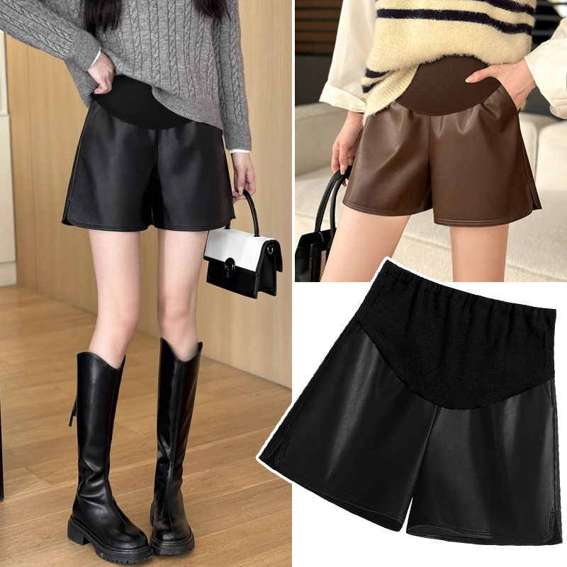 Internet Popular Pregnant Women's Leather Shorts Autumn and Winter All-match Base High Quality Suede Pickup Leather Wide Leg Abdominal Pants Boots Shorts Internet Popular Pregnant Women's Leather Shorts Autumn and Winter All-match Base High Quality Suede Pickup Leather Wide Leg Abdominal Pants Boots Shorts