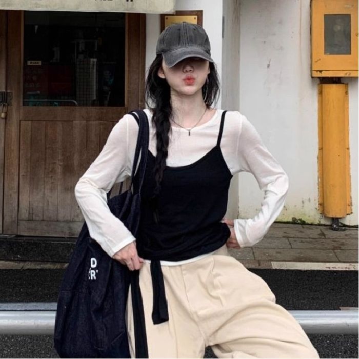 小众设计感白色长袖T恤女2025早秋季内搭叠穿吊带背心显瘦两件套|undefined