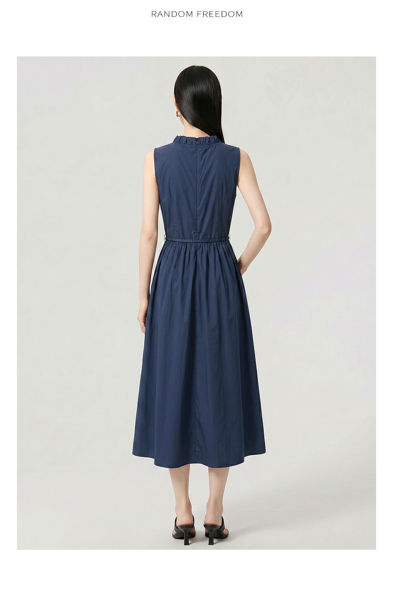 Đầm maxi nữ thắt eo không tay chất cotton phong cách Pháp cổ điển — xanh lam chi tiết 15