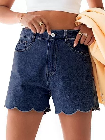 Women's High-Waisted Denim Shorts, Summer Straight-Cut, Wavy Hem, Short Jeans, Casual Fashion, Lake Blue, Thin Style