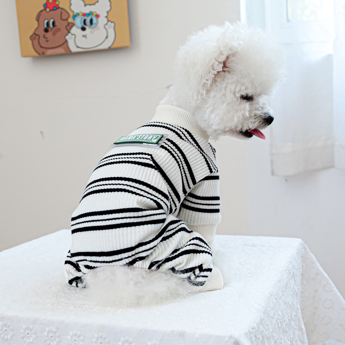 펫써클 애완동물 의류 강아지 고양이 옷 원피스 흑백 줄무늬 홈웨어