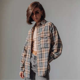 春秋设计感格纹衬衫外套女新款宽松休闲遮肉中长款衬衣