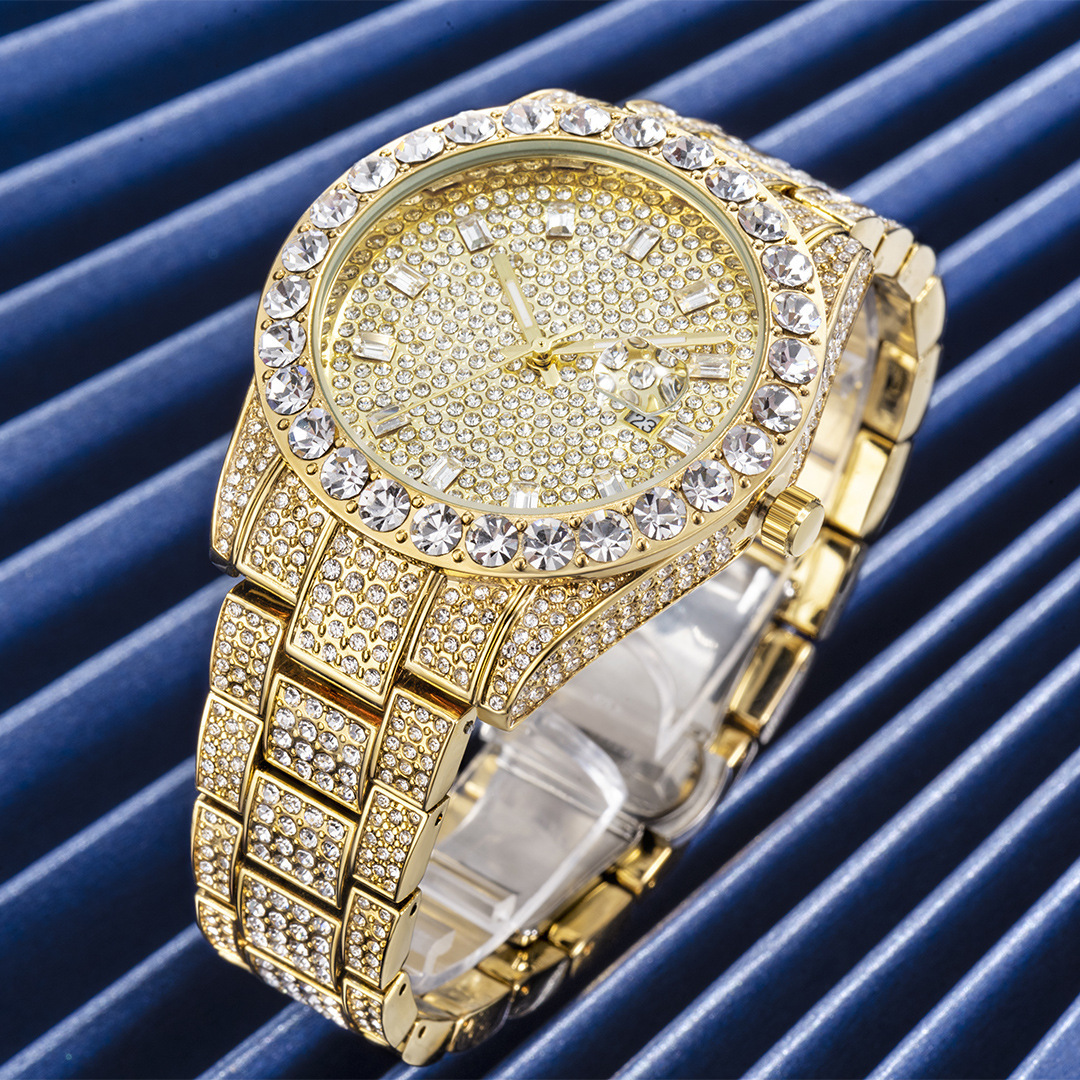 Orologio da polso da uomo al quarzo con quadrante grande, placcato oro con diamanti, orologio in metallo di alta gamma alla moda, stili popolari_voghion.com