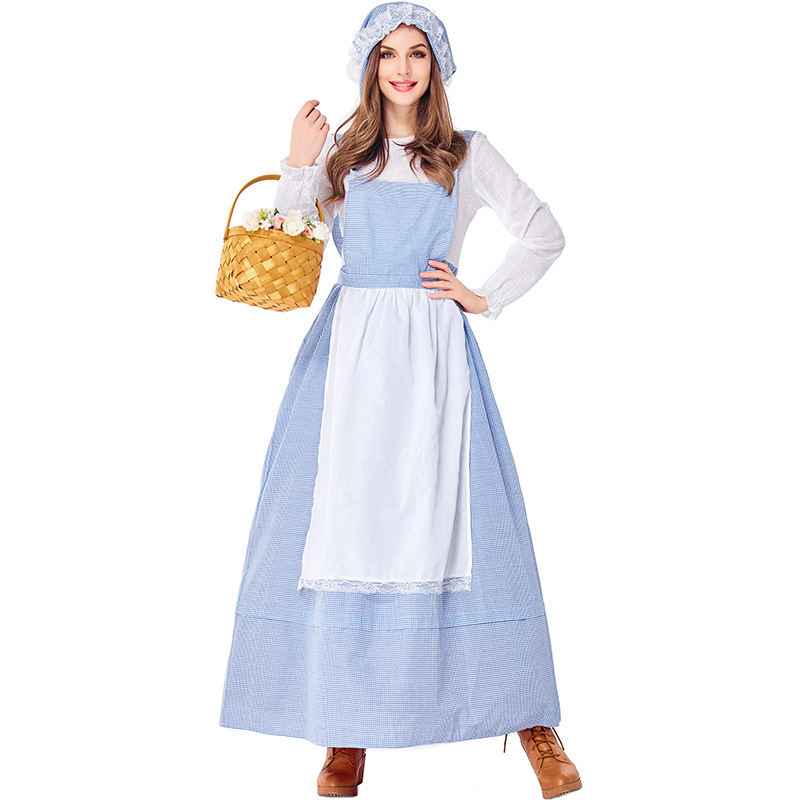 Ranch Story Clothing European and American Farm Girl Sky Blue Plaid Chef Skirt Pastoral Parent-Child Performance Costume