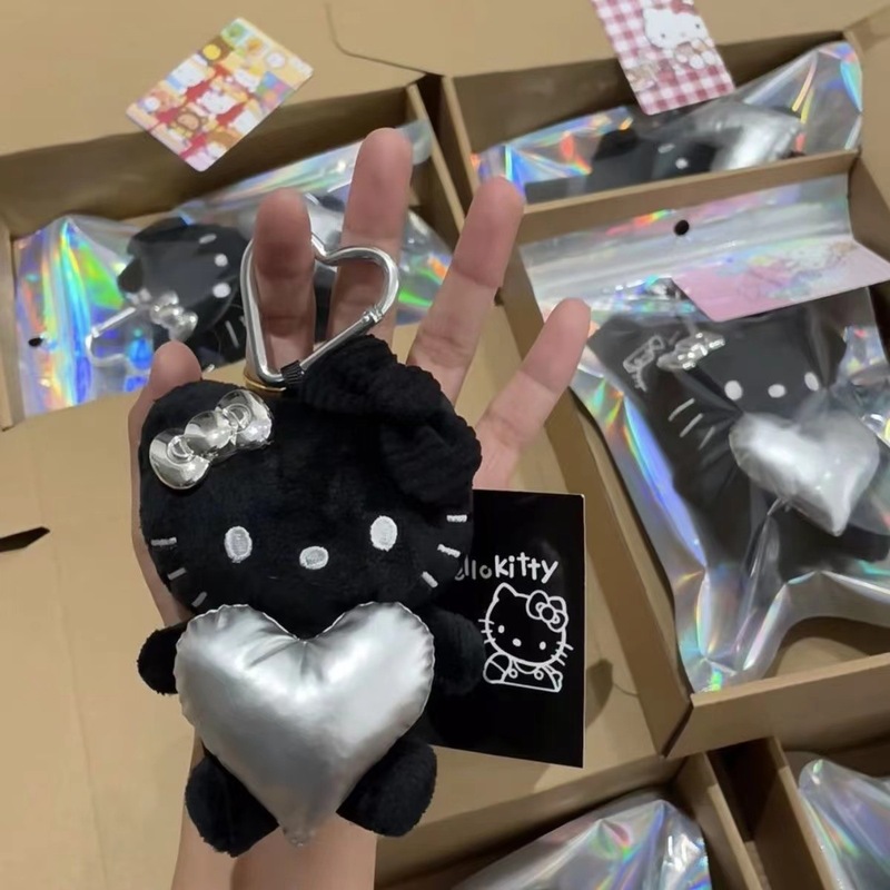 黑银配色爱心黑皮kitty挂件书包爱心少女毛绒钥匙扣可爱ins挂饰|undefined