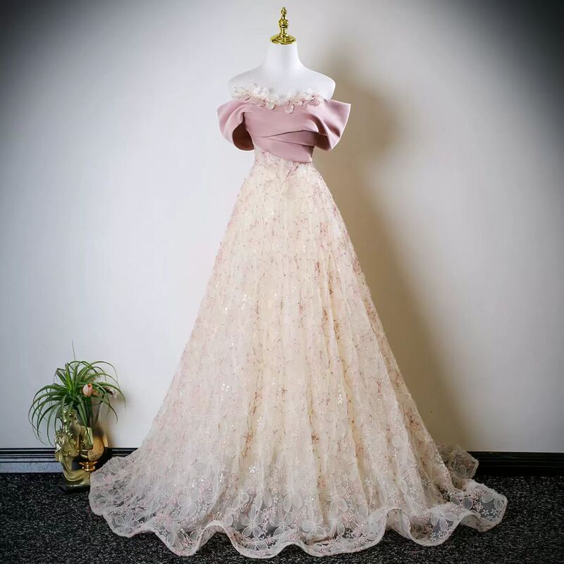Pink One-Shoulder Lace Wedding Dress for Women 2025 New Style Light Luxury Engagement Toast Dress High-End Princess Dress Pink One-Shoulder Lace Wedding Dress for Women 2025 New Style Light Luxury Engagement Toast Dress High-End Princess Dress