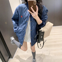 外贸跨境美式老钱风RL小马藏青格纹菱形格双面穿棉服夹克外套慵懒