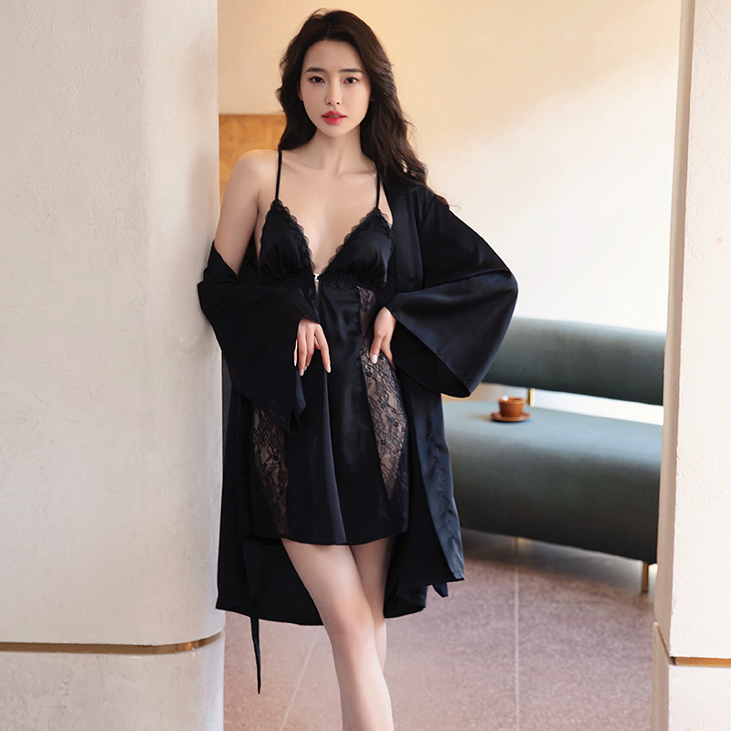 Nightgown Two-piece Ice Silk Sexy Pajamas Women's Thin Nightgown Lace Sling French Home Clothes Live Spot Hair