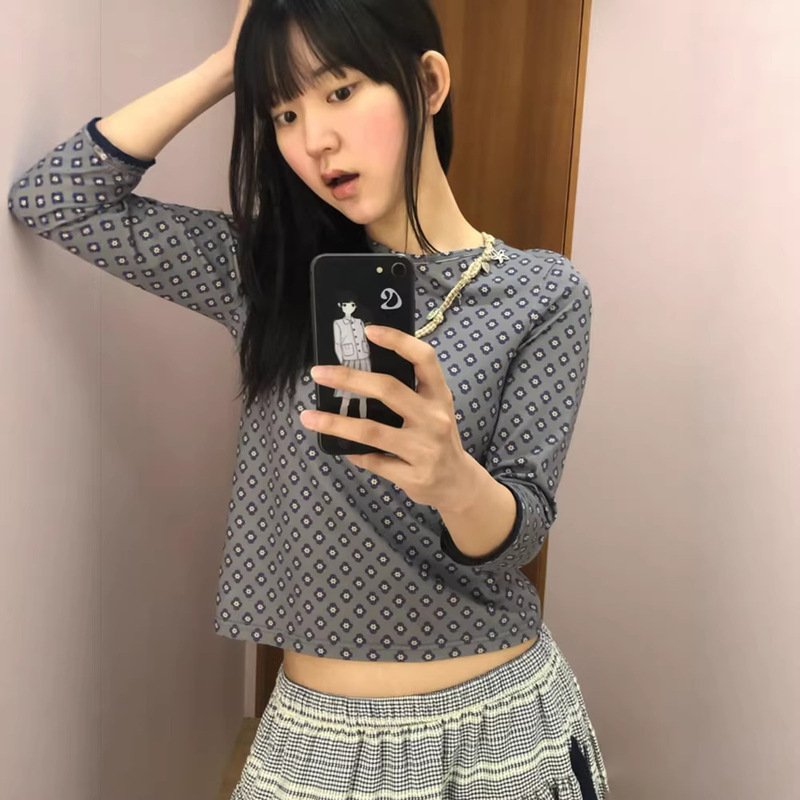 In-Stock Four-Leaf Clover Floral Round-Neck Hemmed T-Shirt Short Style Spring Women's Slim-Fit Slimming Seven-Quarter Sleeve Top Coyse*