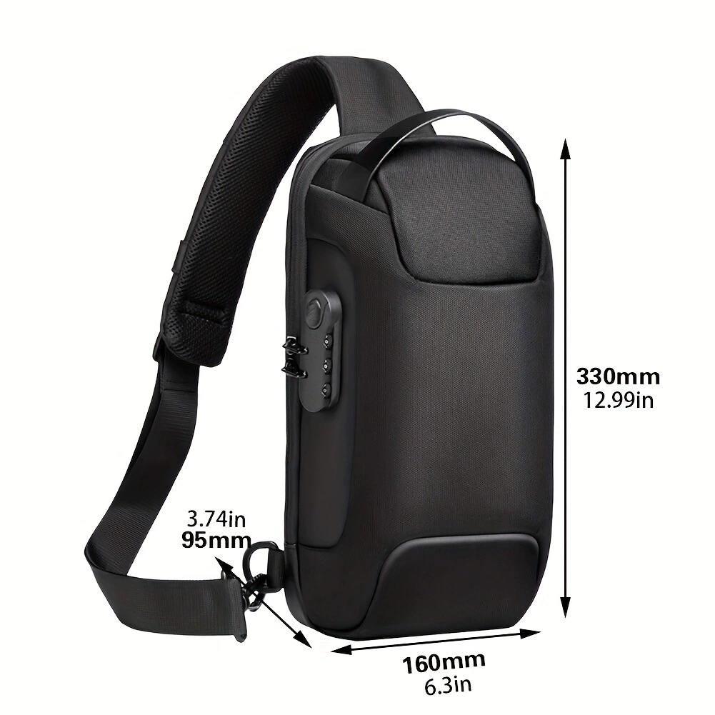 Сумка через плечо противоугонная, 900D Oxford + PU, USB зарядка и парольный замок, 35×16×12 см