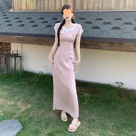 大码2026夏季新款旗袍女胖收腰显瘦短袖粉色格子连衣裙