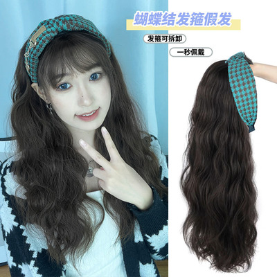 Wig temperament Little Bear Hair hoop Water ripples Long curly hair natural Streaked Wig Headgear Lazy man Hair hoop Wig