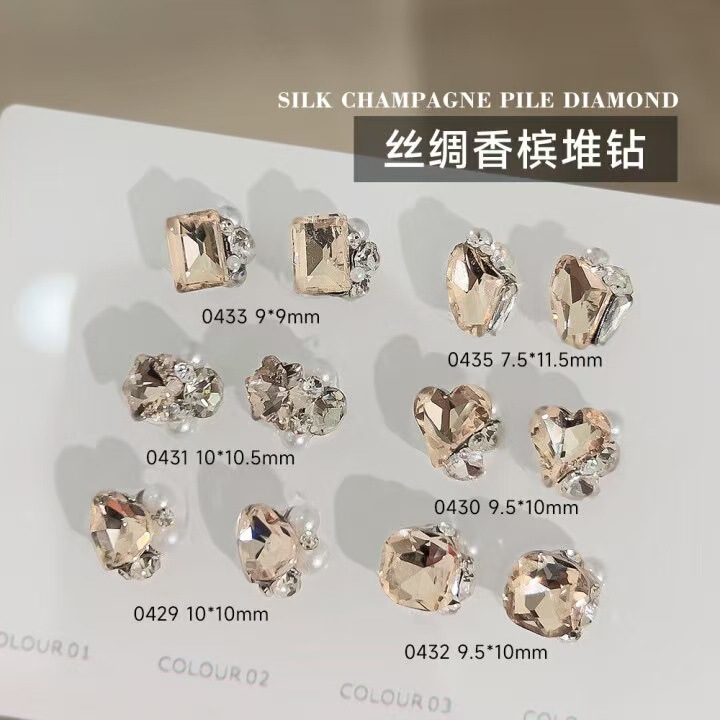Champagne Color Pile Diamond Ball Nail Art Jewelry Finished Fat Square Crooked Heart Peach Heart Ax Pile Diamond Super Flash Nail Decoration Diamond