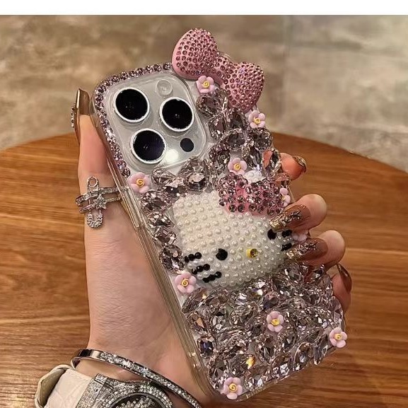 Small Flower Bow Hello Kitty for Apple 16PROMAX Mobile Phone Case Flash Diamond DIY Apple 16/15/14P