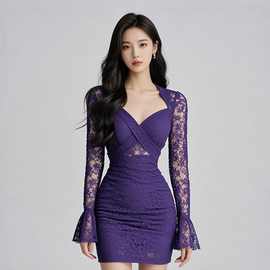 2025长袖气质蕾丝拼接紫色连衣裙女秋冬名媛宴会修身性感包臀裙子