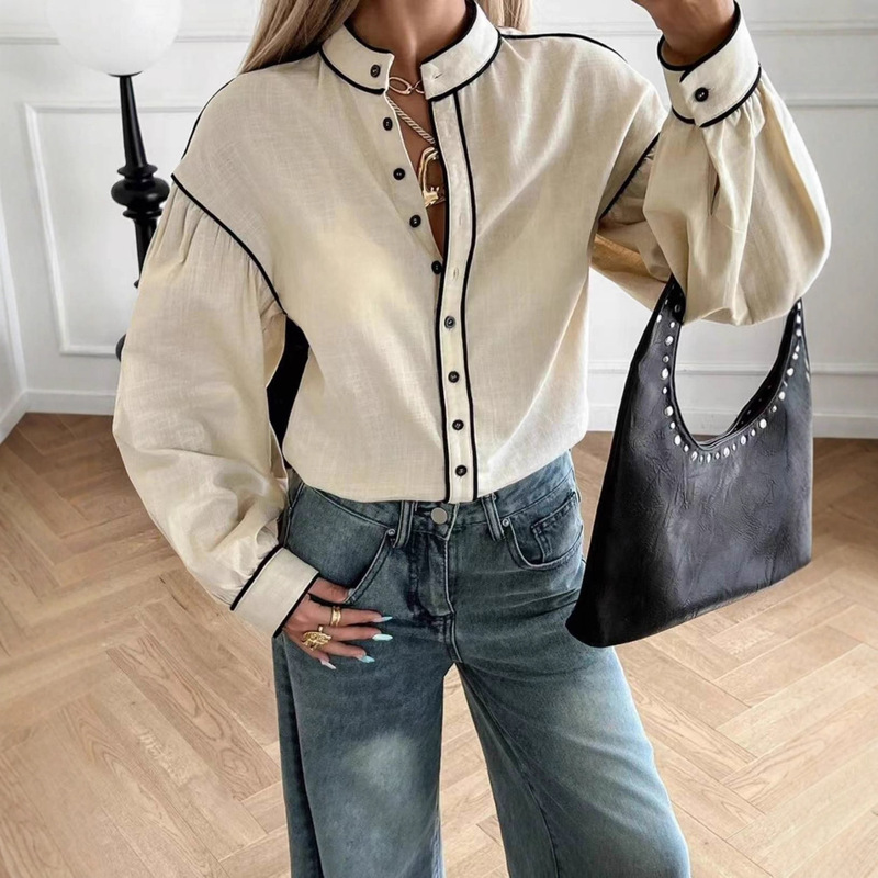Cross-Border Women's Clothing, European and American New Style, French Elegant Style, Stand-Up Collar, Contrasting Color, Single-Breasted Shirt, Black Striped Puff Sleeves