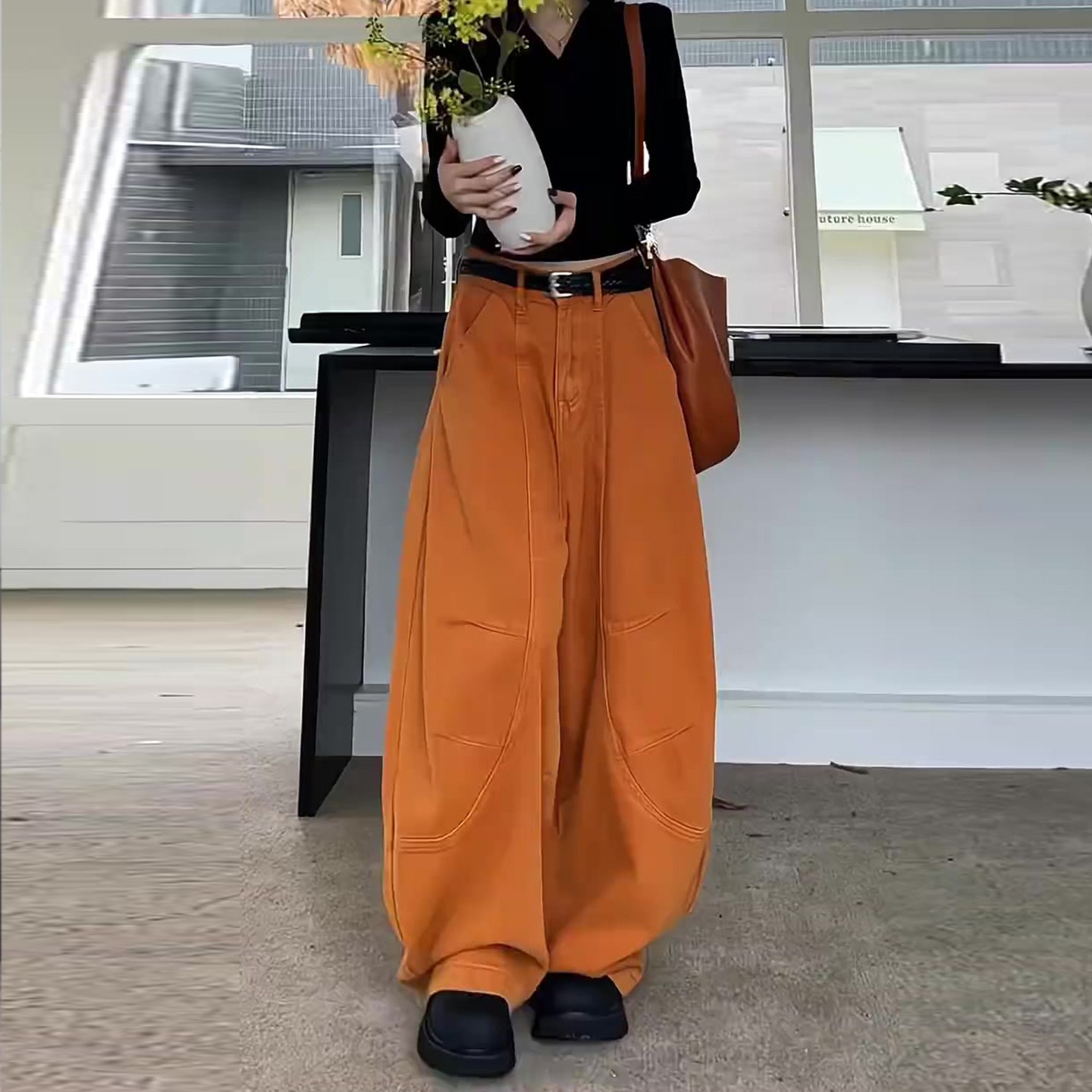 American Trendy Plus-Size Scimitar Jeans for Women, Autumn and Winter 2025 New Style, Loose and Slimming, Thickened Floor-Length Pants for Plus-Size Women