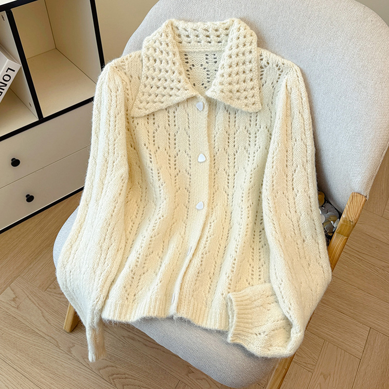 Inventario otoño invierno nuevo estilo coreano diseño sensación hueco solapa de punto cardigan suéter suave suave suelto